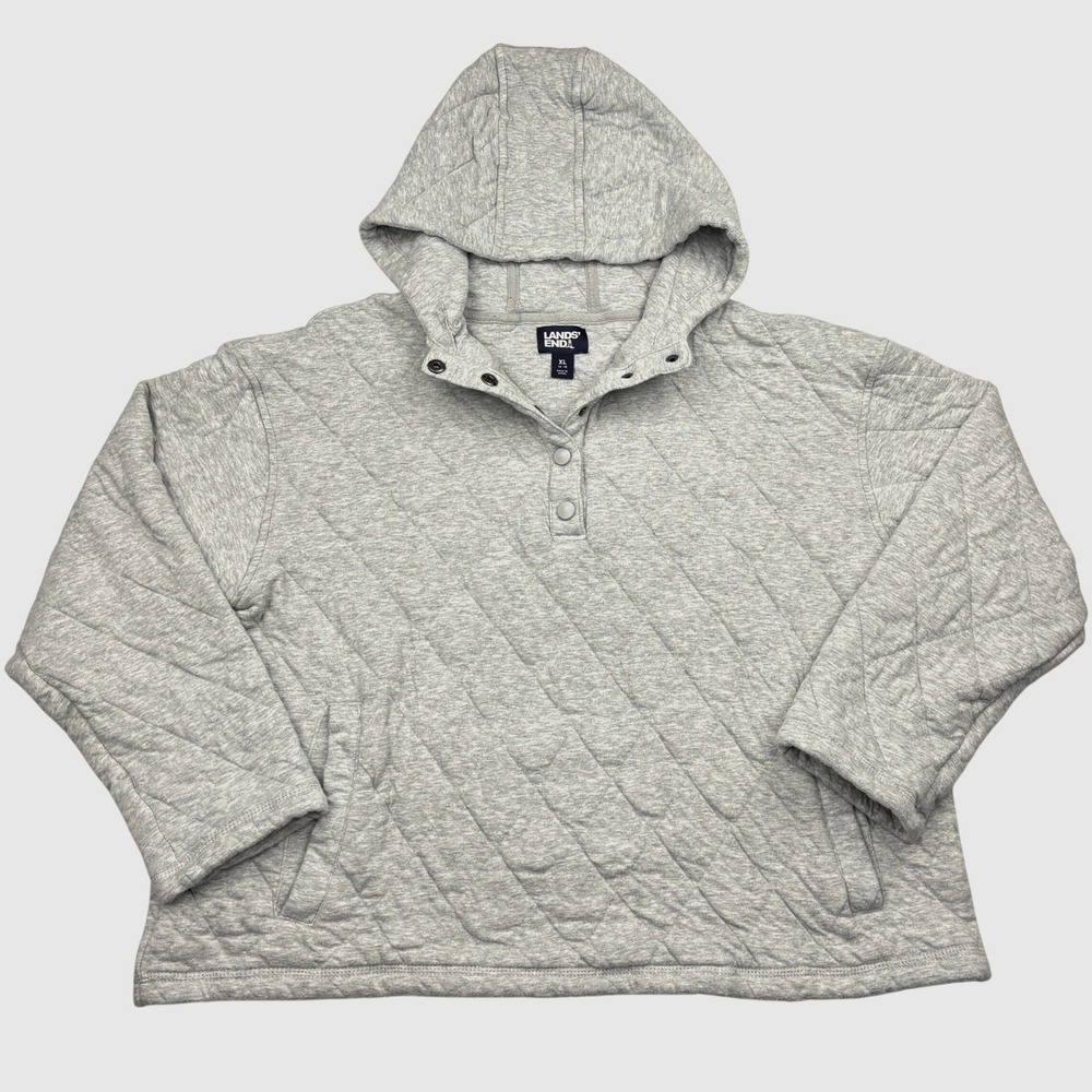 Lands' End Womens Gray Quilted Snap Neck Hoodie XL 16-18 Pullover Sweatshirt